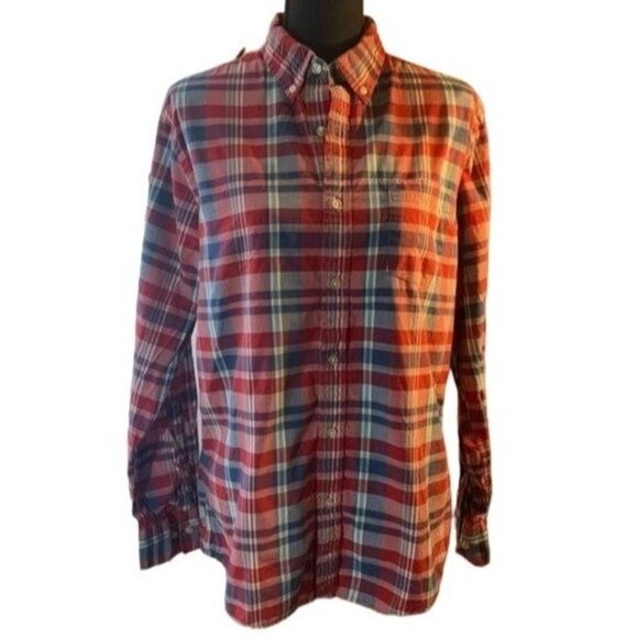 Women's Sonoma button front oxford 100% cotton red, white and blue plaid button - Picture 1 of 3